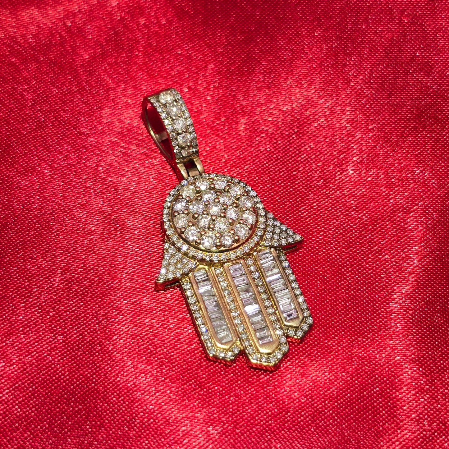 Iced Out Baguette Hamsa Pendant 1.80 ctw Diamond 10K Yellow Gold