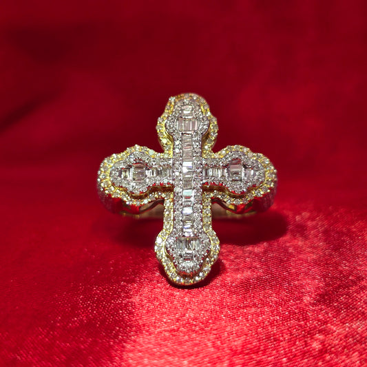 10K Yellow Gold Diamond Cross Ring 0.92 CTW | Baguette & Round Cut Stones