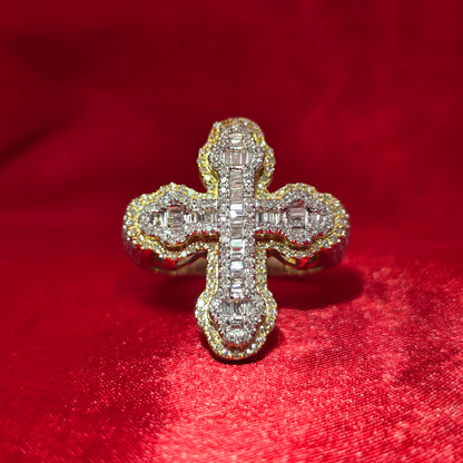 10K Yellow Gold Diamond Cross Ring 0.92 CTW | Baguette & Round Cut Stones
