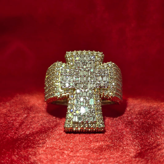 Bold Diamond Cross Ring 2.95 CTW in 10K Yellow Gold | Baguette Style