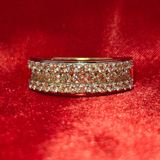 14K Yellow Gold 3-Row Diamond Band Ring 1.50 CTW | Round Cut Iced-Out Look