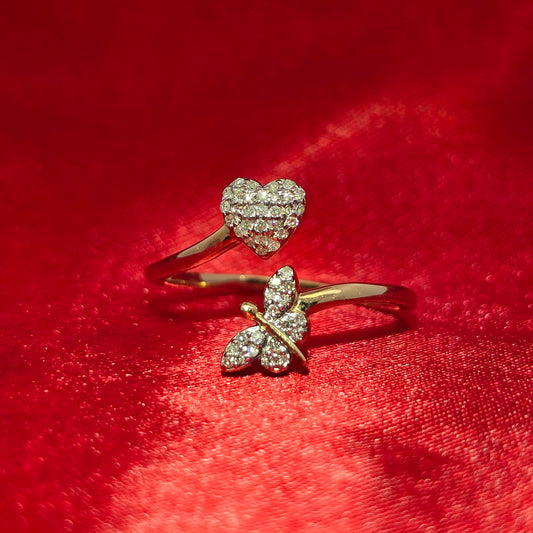 Diamond Butterfly & Heart Ring 0.15 CTW | 10K Yellow Gold Dainty Open Style