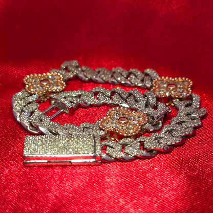 10K White Gold Women's Clover Cuban Link Diamond Bracelet 5.00ctw