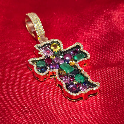 10K Yellow Gold Multi-Gemstone Diamond Cross Pendant 3.50ctw