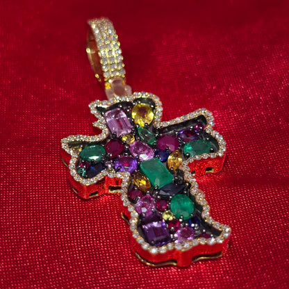 10K Yellow Gold Multi-Gemstone Diamond Cross Pendant 3.50ctw