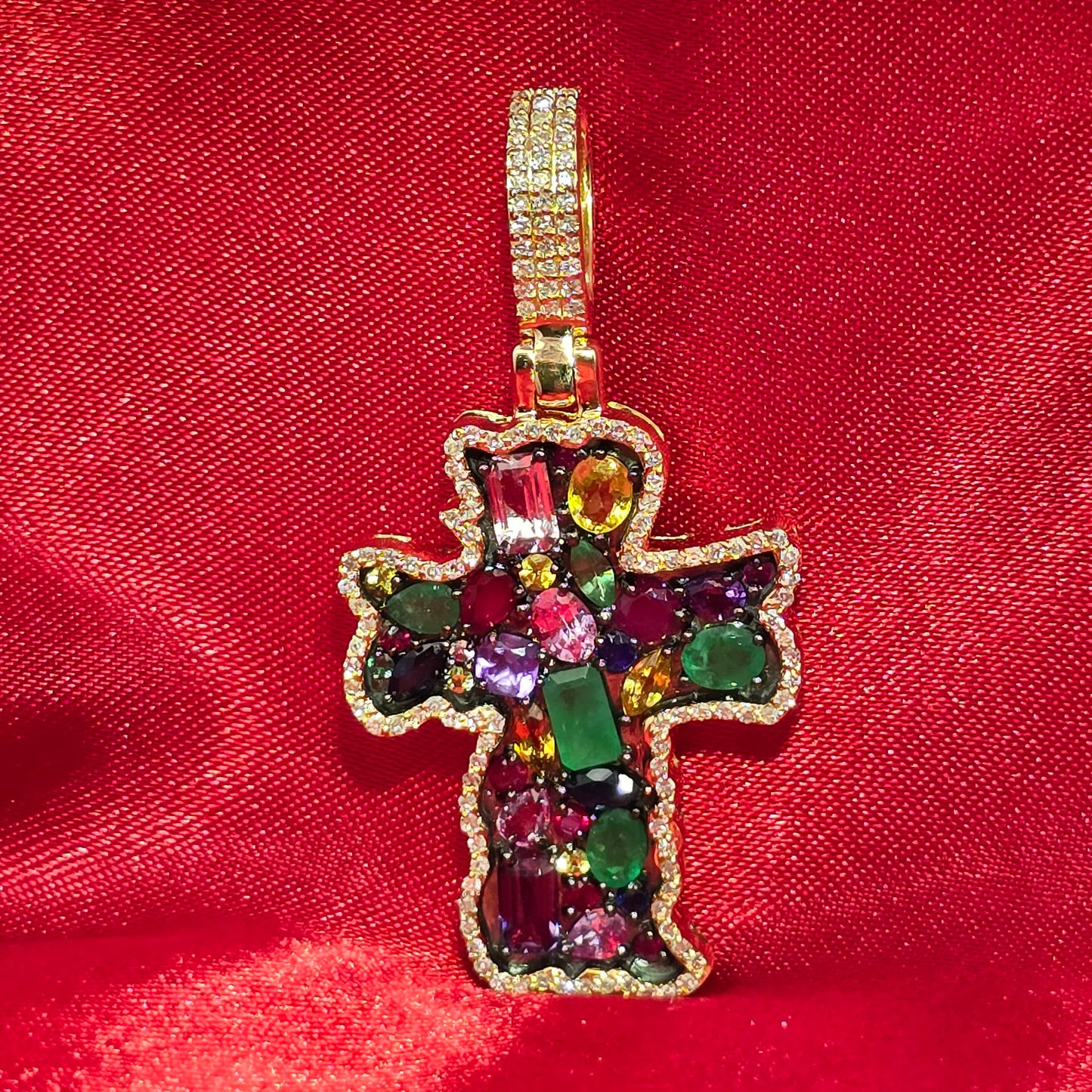 10K Yellow Gold Multi-Gemstone Diamond Cross Pendant 3.50ctw