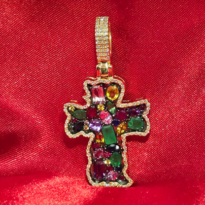 10K Yellow Gold Multi-Gemstone Diamond Cross Pendant 3.50ctw
