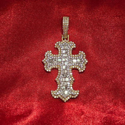10K Yellow Gold Baguette & Round Diamond Cross Pendant 1.50ctw