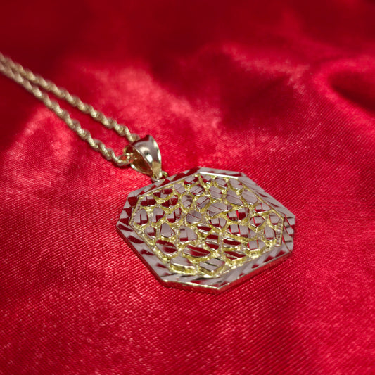 10K Yellow Gold Rope Chain with Diamond-Cut Octagon Nugget Pendant | Geometric Nugget Style Design