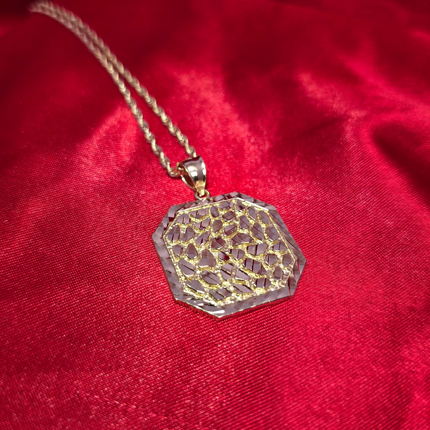 10K Yellow Gold Rope Chain with Diamond-Cut Octagon Nugget Pendant | Geometric Nugget Style Design