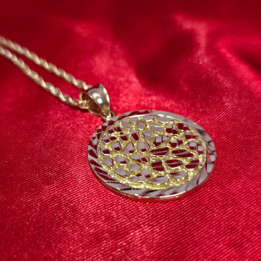 10K Yellow Gold Rope Chain with Diamond-Cut Circular Nugget Pendant | Geometric Nugget Style
