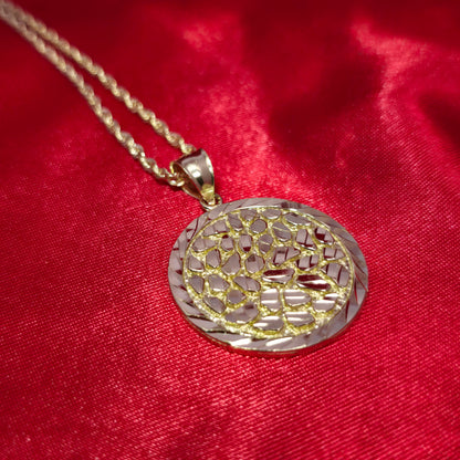 10K Yellow Gold Rope Chain with Diamond-Cut Circular Nugget Pendant | Geometric Nugget Style