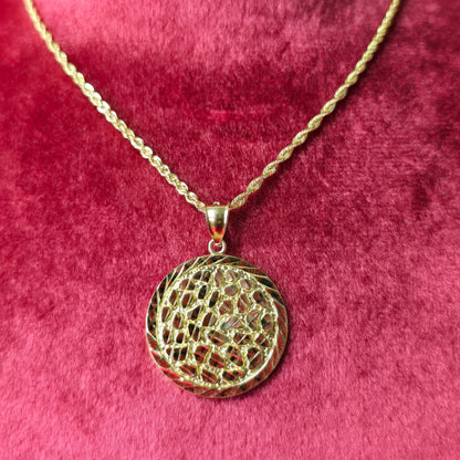 10K Yellow Gold Rope Chain with Diamond-Cut Circular Nugget Pendant | Geometric Nugget Style
