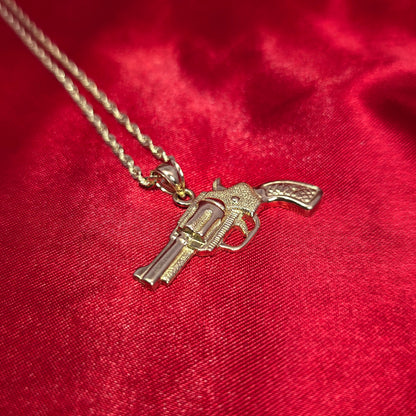 10K Yellow Gold Rope Chain with Textured Pistol Pendant | Western Gun Design Necklace