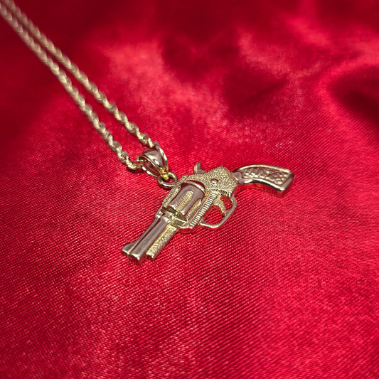10K Yellow Gold Rope Chain with Textured Pistol Pendant | Western Gun Design Necklace