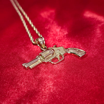 10K Yellow Gold Rope Chain with Textured Pistol Pendant | Western Gun Design Necklace