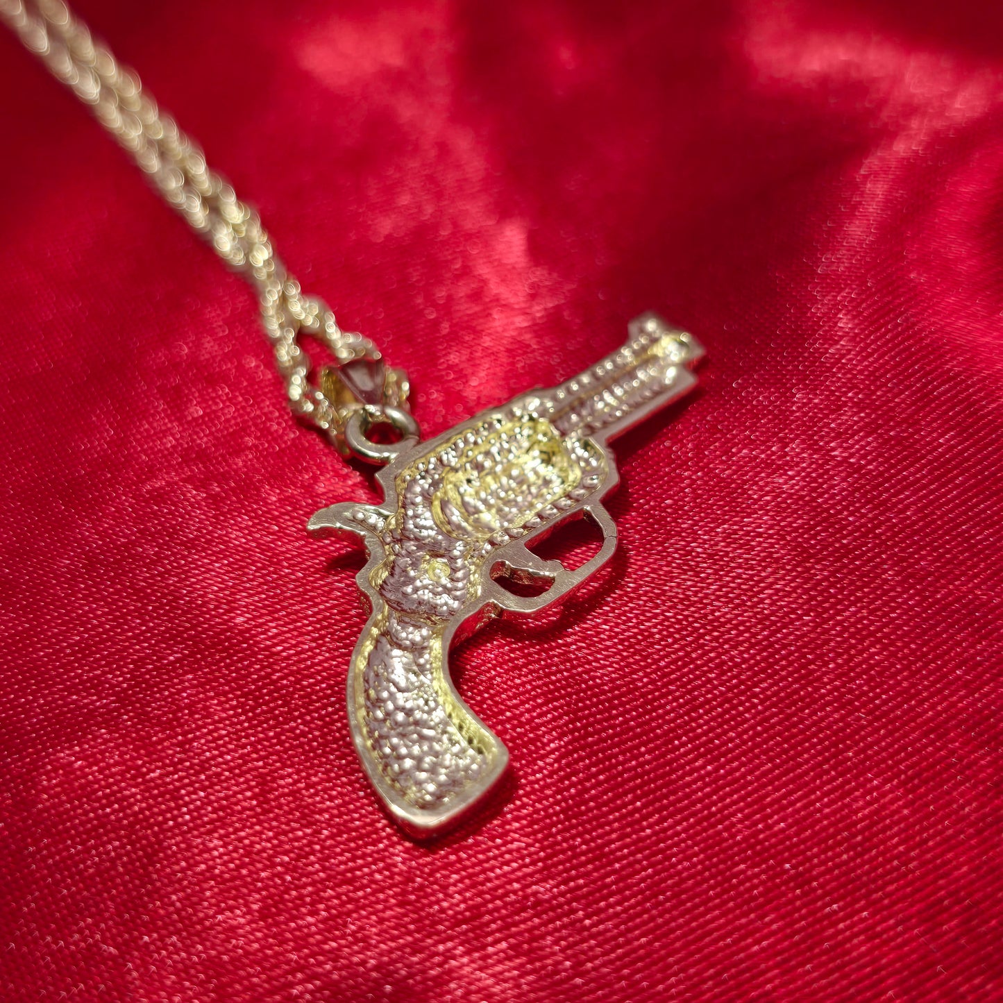 10K Yellow Gold Rope Chain with Textured Pistol Pendant | Western Gun Design Necklace
