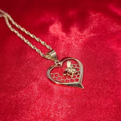 10K Gold Bee in a Heart Pendant with 10K Yellow Gold Rope Chain 20"