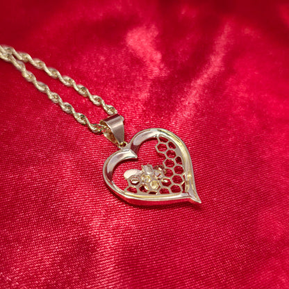 10K Gold Bee in a Heart Pendant with 10K Yellow Gold Rope Chain 20"