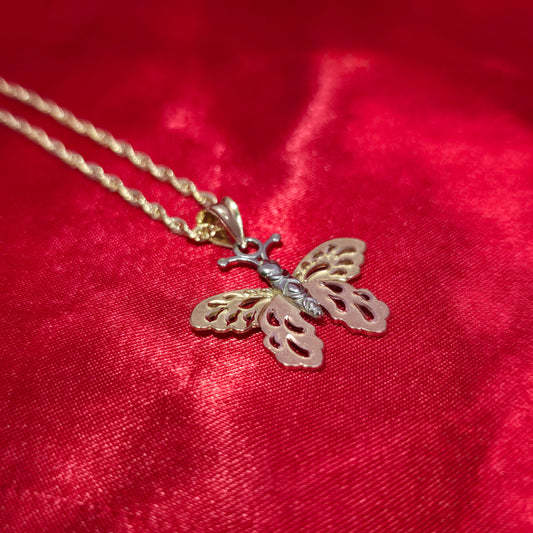 10K Two Tone Gold Butterly Pendant With 20" 10K Gold Rope Chain