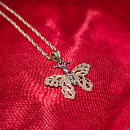 10K Two Tone Gold Butterly Pendant With 20" 10K Gold Rope Chain