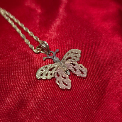 10K Two Tone Gold Butterly Pendant With 20" 10K Gold Rope Chain