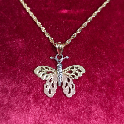 10K Two Tone Gold Butterly Pendant With 20" 10K Gold Rope Chain