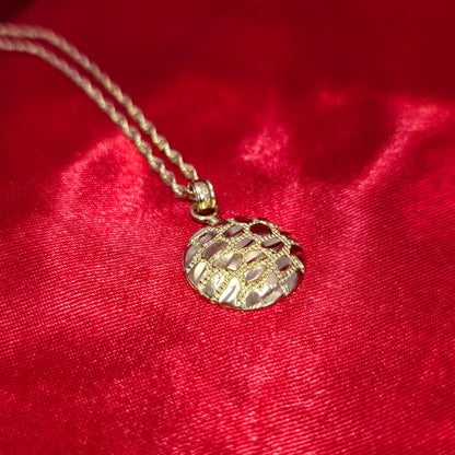 10K Yellow Gold Rope Chain with Small Round Nugget Pendant | Textured Circle Design