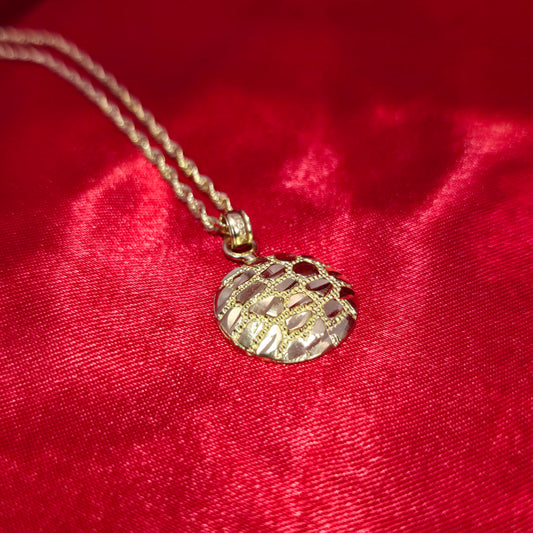 10K Yellow Gold Rope Chain with Small Round Nugget Pendant | Textured Circle Design