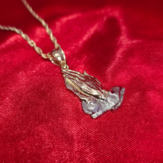10K Yellow Gold Rope Chain with Praying Hands Pendant | Two-Tone Religious Design