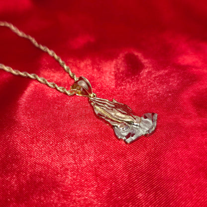 10K Yellow Gold Rope Chain with Praying Hands Pendant | Two-Tone Religious Design