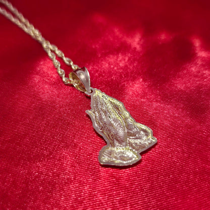 10K Yellow Gold Rope Chain with Praying Hands Pendant | Two-Tone Religious Design
