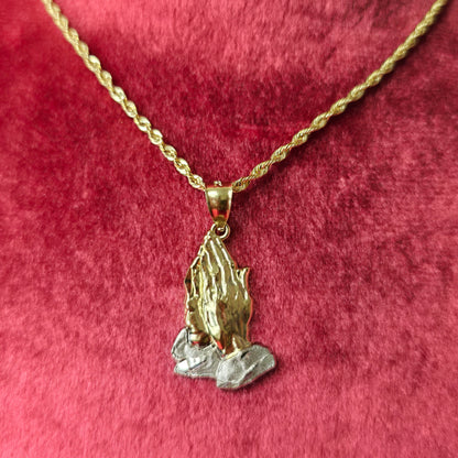 10K Yellow Gold Rope Chain with Praying Hands Pendant | Two-Tone Religious Design