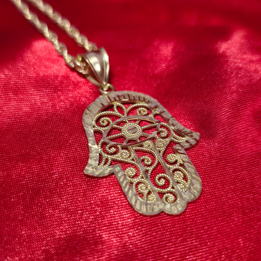 10K Yellow Gold Rope Chain with Hamsa Hand Pendant | Filigree Eye of Protection Design