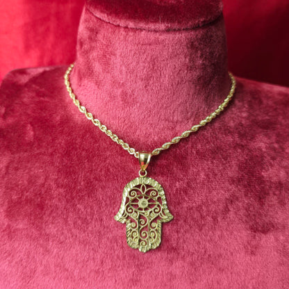 10K Yellow Gold Rope Chain with Hamsa Hand Pendant | Filigree Eye of Protection Design