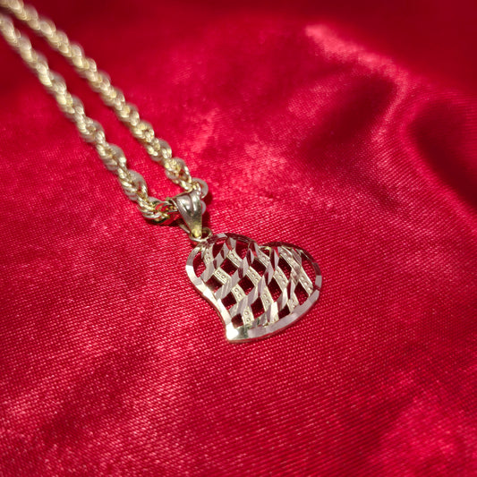 10K Yellow Gold Rope Chain with Diamond-Cut Heart Pendant | Open Lattice Design