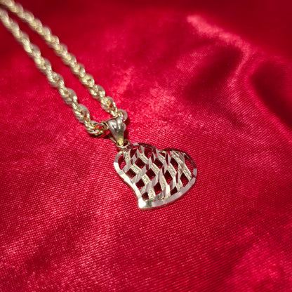 10K Yellow Gold Rope Chain with Diamond-Cut Heart Pendant | Open Lattice Design