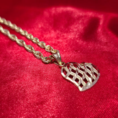 10K Yellow Gold Rope Chain with Diamond-Cut Heart Pendant | Open Lattice Design