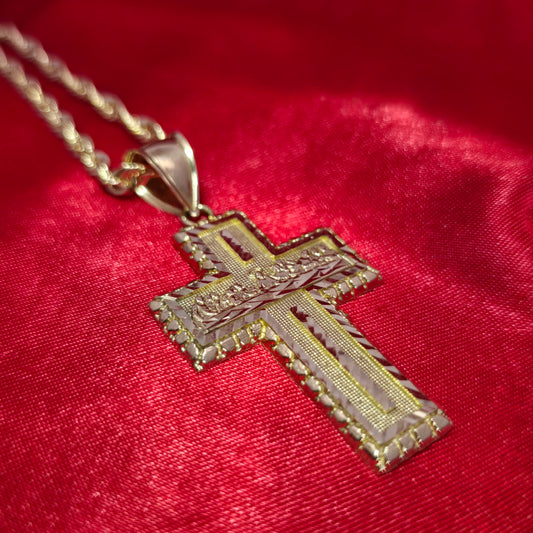 10K Yellow Gold Rope Chain with Last Supper Cross Pendant | Diamond-Cut Religious Necklace