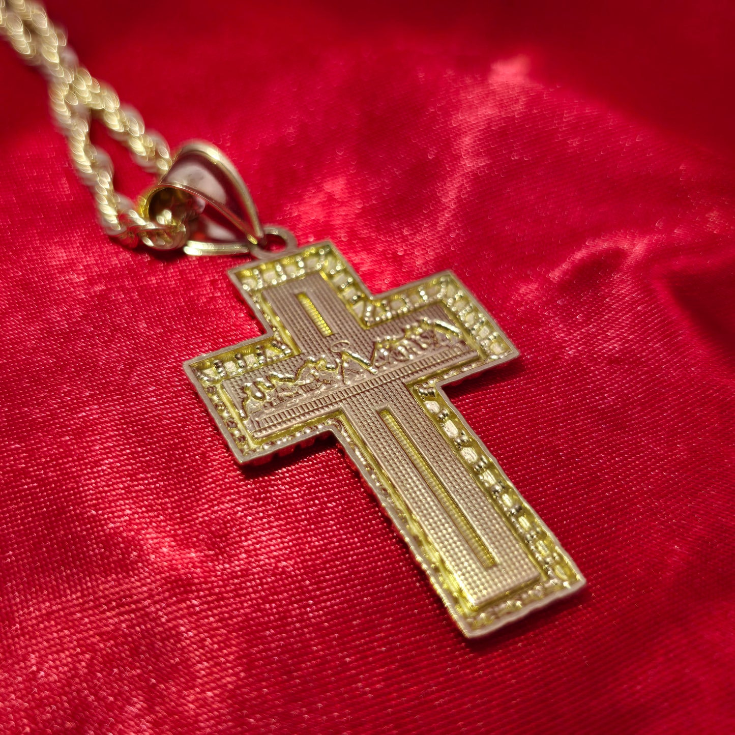 10K Yellow Gold Rope Chain with Last Supper Cross Pendant | Diamond-Cut Religious Necklace