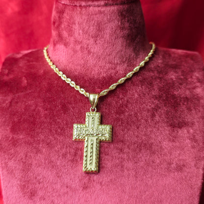 10K Yellow Gold Rope Chain with Last Supper Cross Pendant | Diamond-Cut Religious Necklace