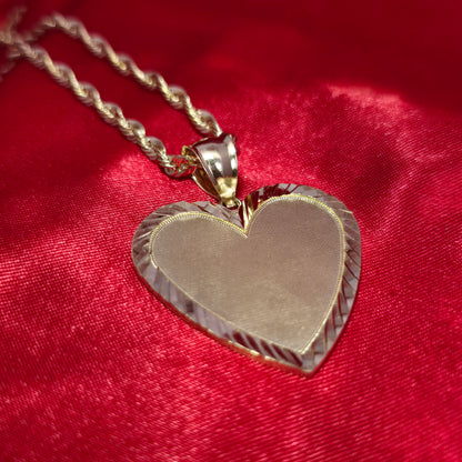 10K Yellow Gold Rope Chain with Heart Picture Pendant | Custom Engravable Frame