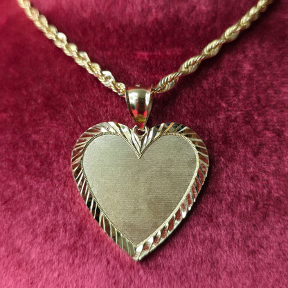 10K Yellow Gold Rope Chain with Heart Picture Pendant | Custom Engravable Frame