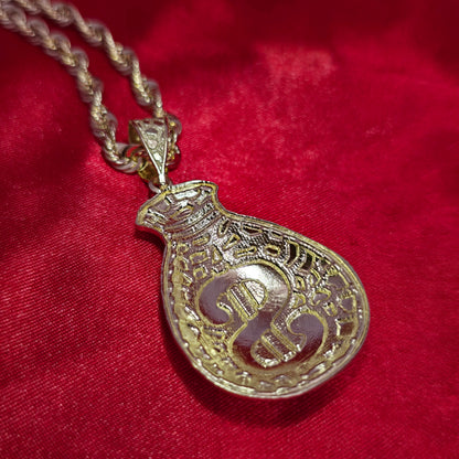 10K Yellow Gold Rope Chain with Diamond-Cut Money Bag Pendant | Success & Wealth Symbol