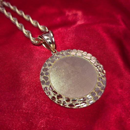 10K Circle Memory Goldd Pendant with Nugget Borders And 10K Rope Chain 20" (Free Picture and Engraving Included)