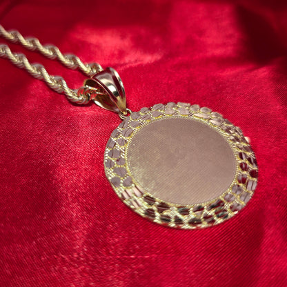 10K Yellow Gold Rope Chain with Round Picture Pendant | Custom Engravable Frame