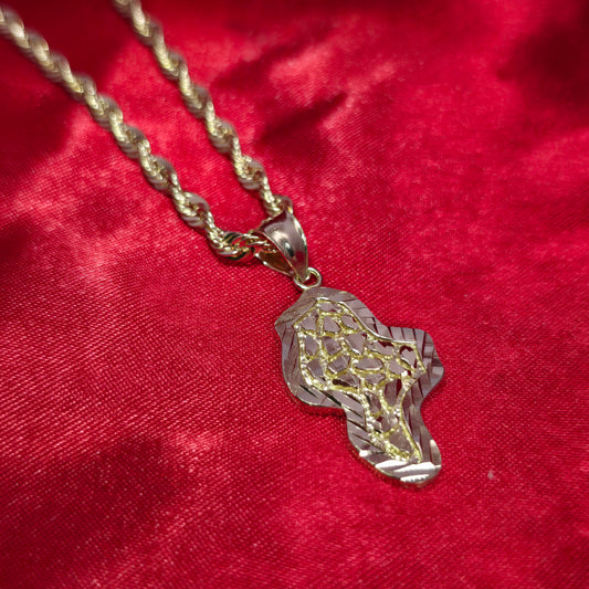10K Gold Africa Map Pendant With Nugget and 10K Rope Chain 20"