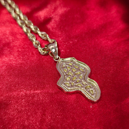 10K Gold Africa Map Pendant With Nugget and 10K Rope Chain 20"
