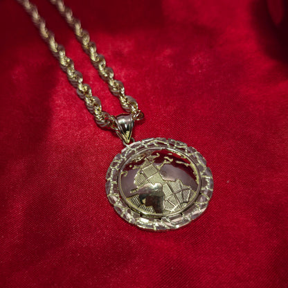 10K Yellow Gold Rope Chain with 3D Globe Pendant | Diamond-Cut World Map Necklace