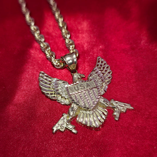 10K Gold USA Eagle With Wings Pendant and 10K Gold Rope Chain 20"